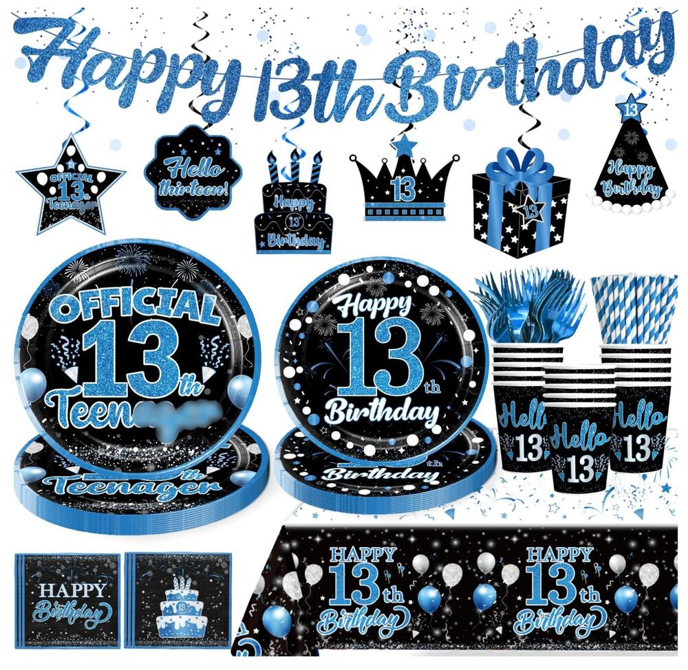 160pcs 13th Birthday Decorations Blue Black Officially a Teenager Party Supplies